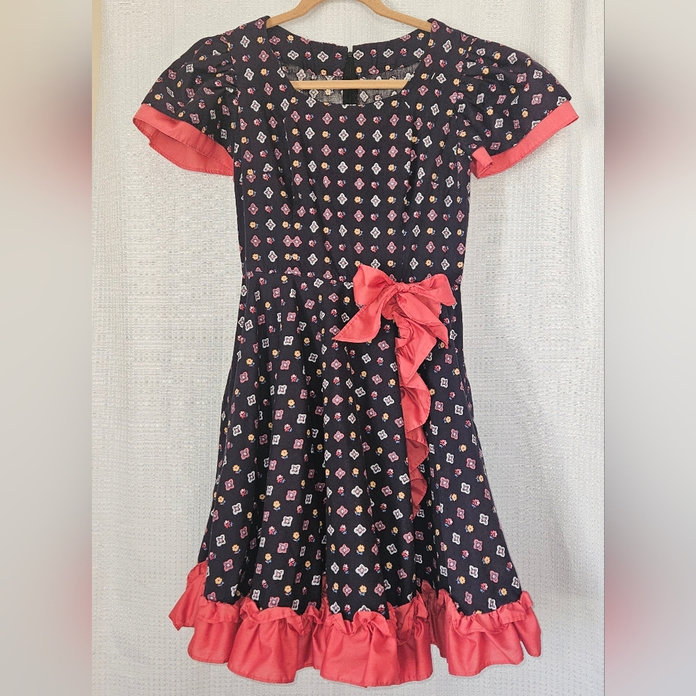Vintage Circle Cupcake Dress Girls Tween Handmade Navy Salmon Princess Easter